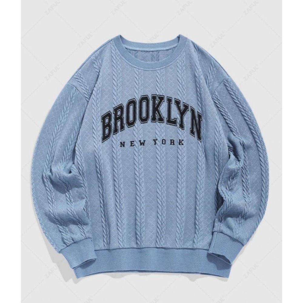 Zaful Men's Sweater Casual Letter‎ Brooklyn NY, Blue, Size 2XL